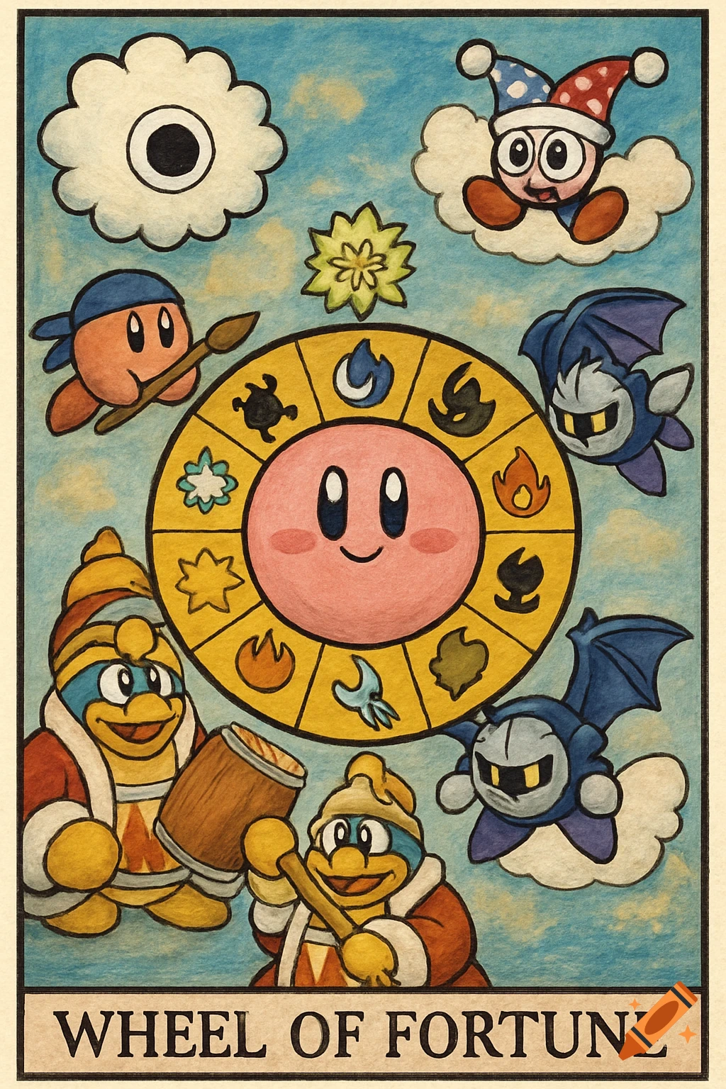 A stylized illustration of Kirby characters on a tarot card, featuring Kirby in the center of a Wheel of Fortune, surrounded by King Dedede, Meta Knight, and other characters.