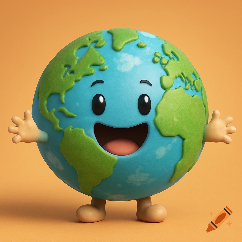 A happy, smiling cartoon Earth character with arms and legs, standing on an orange background.