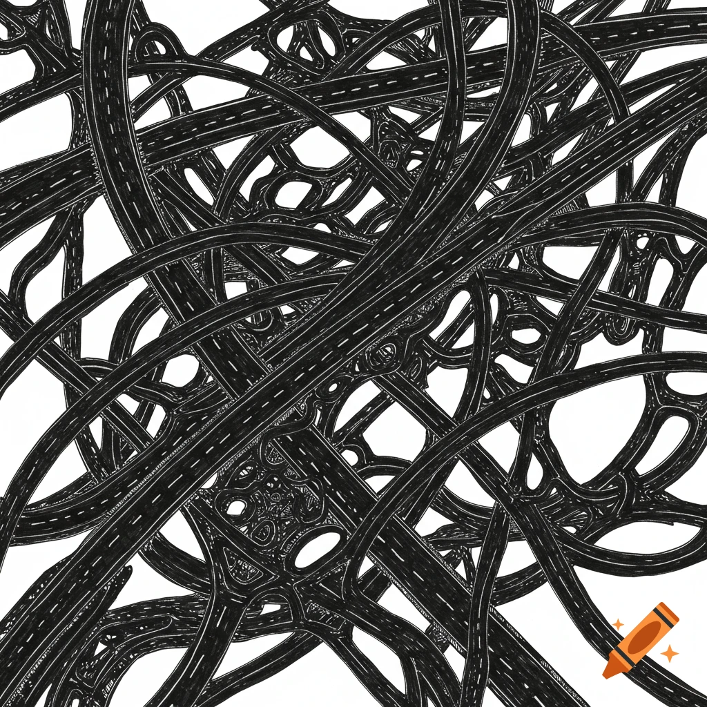 An intricate black and white abstract pattern of overlapping highways and roads.