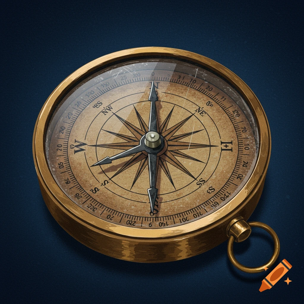 A detailed illustration of an old brass compass with a cracked glass cover, showing a compass rose and directional markings, set on a dark blue background.