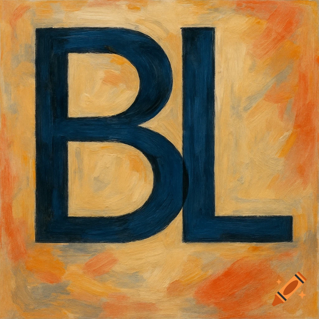 Large dark blue letters 'B' and 'L' overlapping on an orange and yellow abstract painted background.