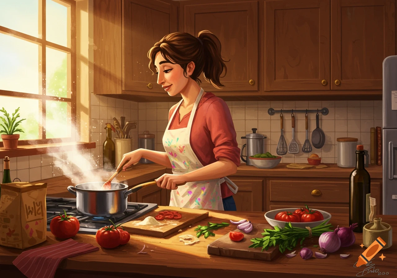 A stylized illustration of a woman cooking in a sunny kitchen, stirring a pot on the stove while surrounded by fresh ingredients.