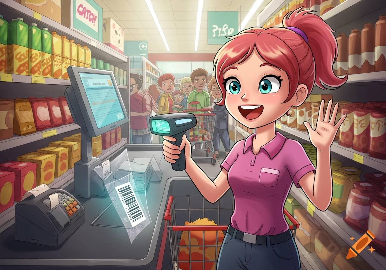 A cartoon-style female cashier in a pink shirt scanning a barcode at a supermarket checkout, smiling and waving, with customers in line.