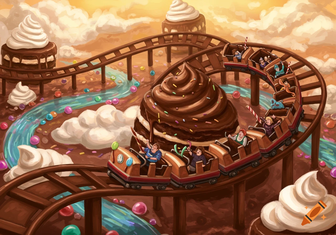 A whimsical illustration depicts a chocolate cake roller coaster with riders, surrounded by giant whipped cream cakes, candies, and a blue river under an orange sky.