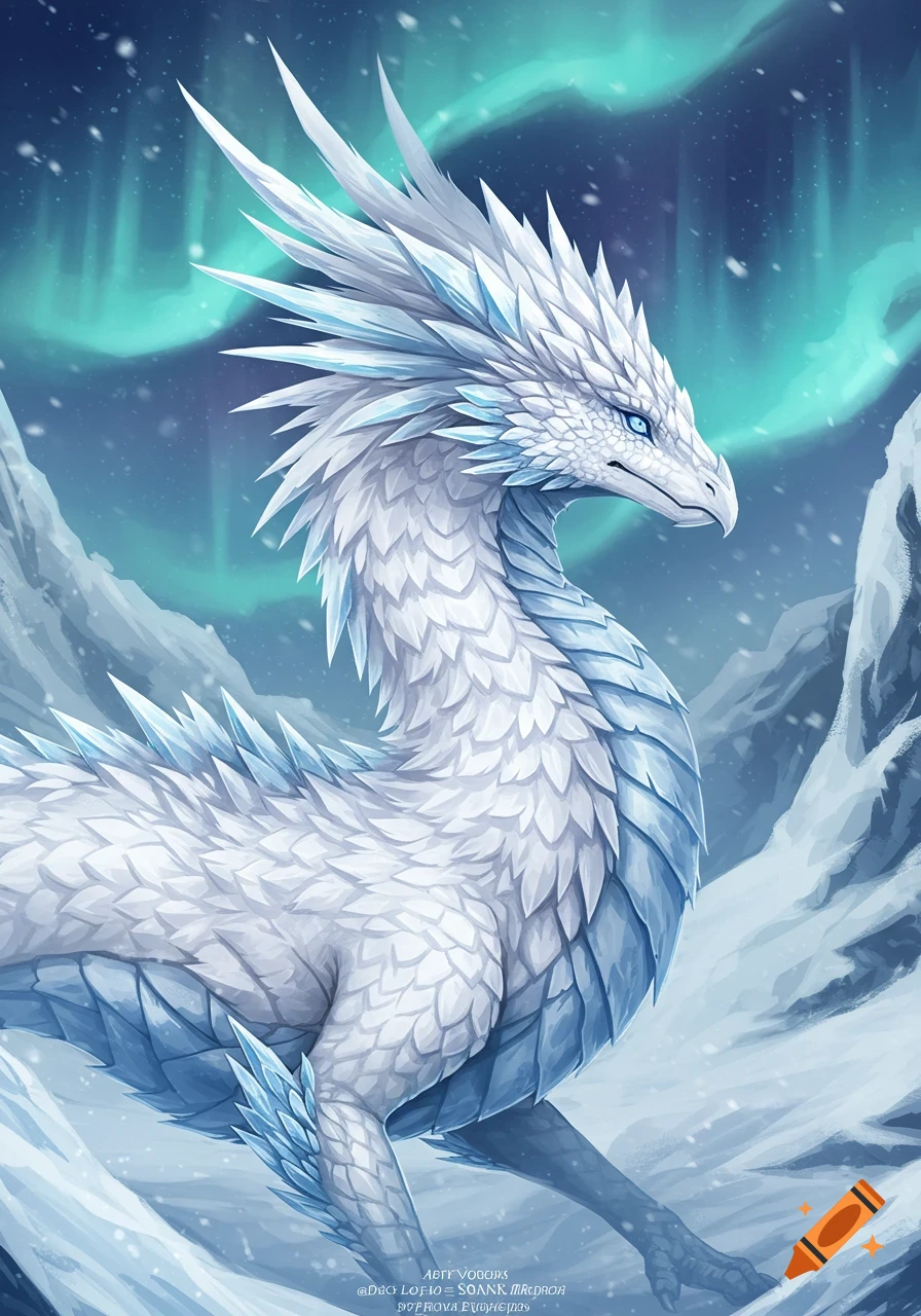 A majestic white and light blue ice dragon with feathered spikes stands in a snowy mountain landscape under the green glow of the aurora borealis.