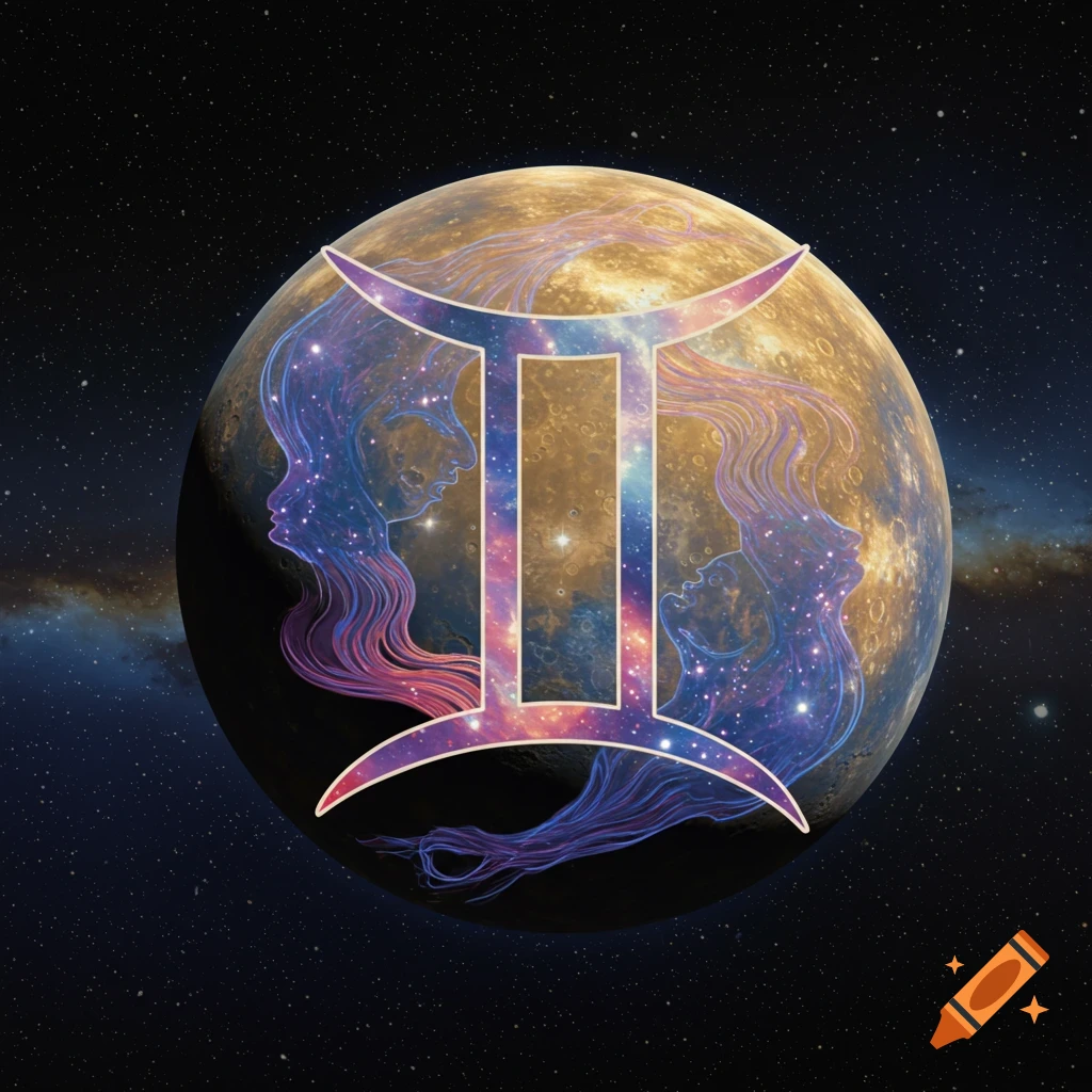 A stylized Gemini zodiac symbol, filled with a colorful nebula, overlaid on a planet in a starry space background.