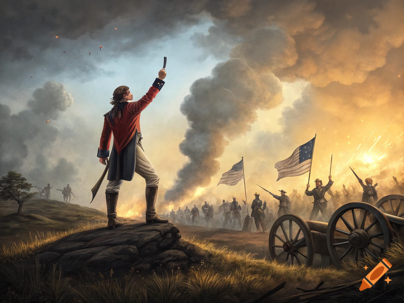 A man in a red coat stands on a rock, holding a grey device high, overlooking a battlefield with soldiers, flags, cannons, and smoke at sunset.