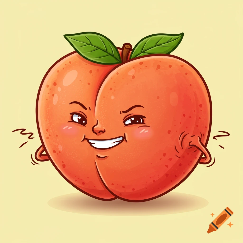A cartoon peach with a mischievous smiling face and green leaves scratches its backside, on a light yellow background.