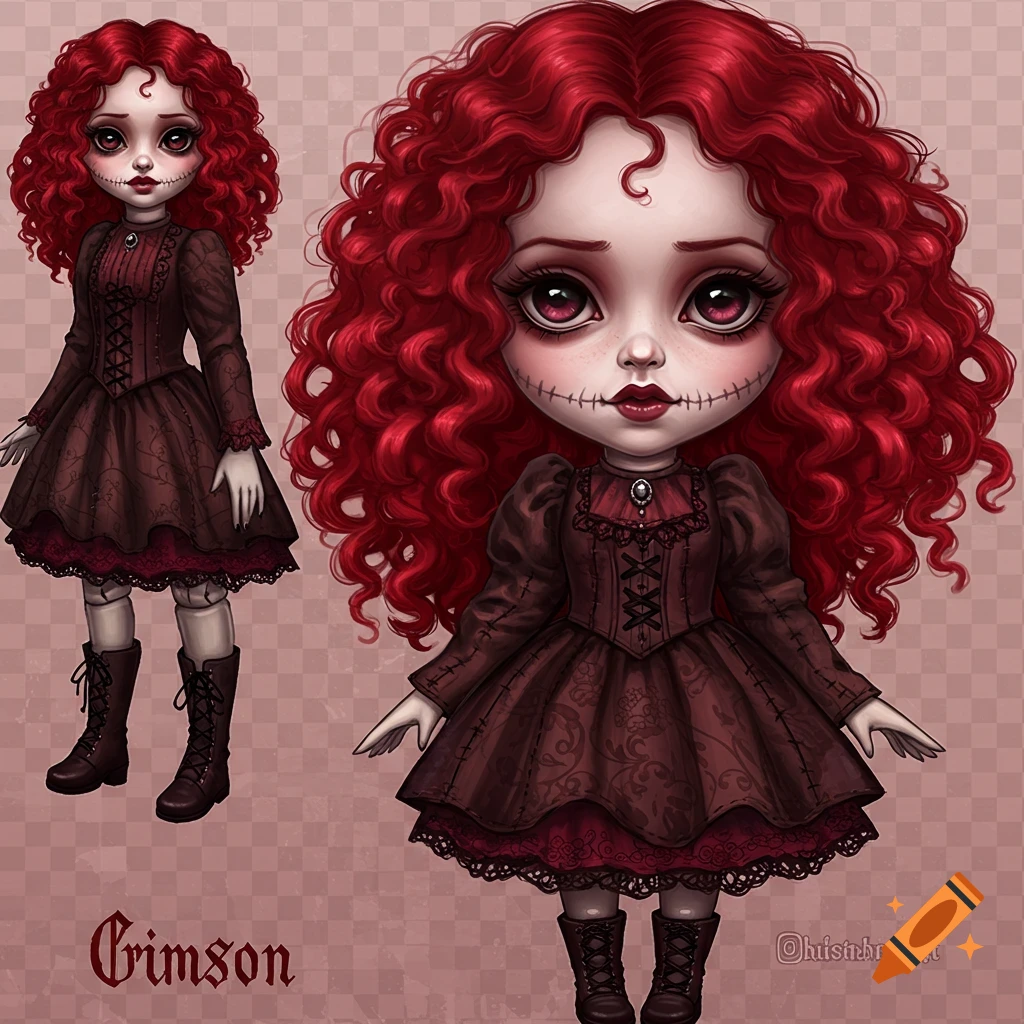 A red-haired gothic doll named Crimson with large eyes and stitched mouth, wearing a dark dress and boots.