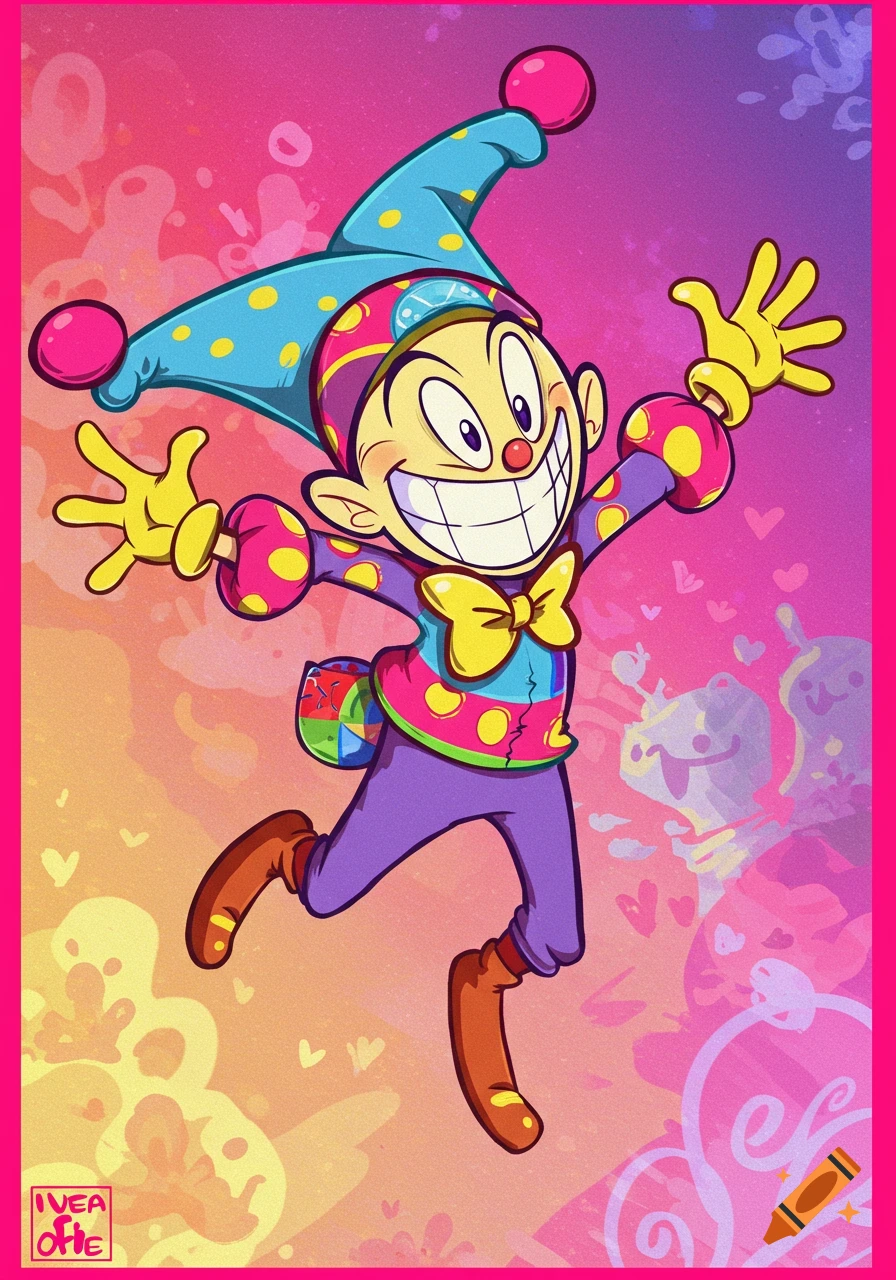 A joyful, colorful cartoon jester with a wide smile and polka-dotted outfit jumps against a vibrant abstract background.