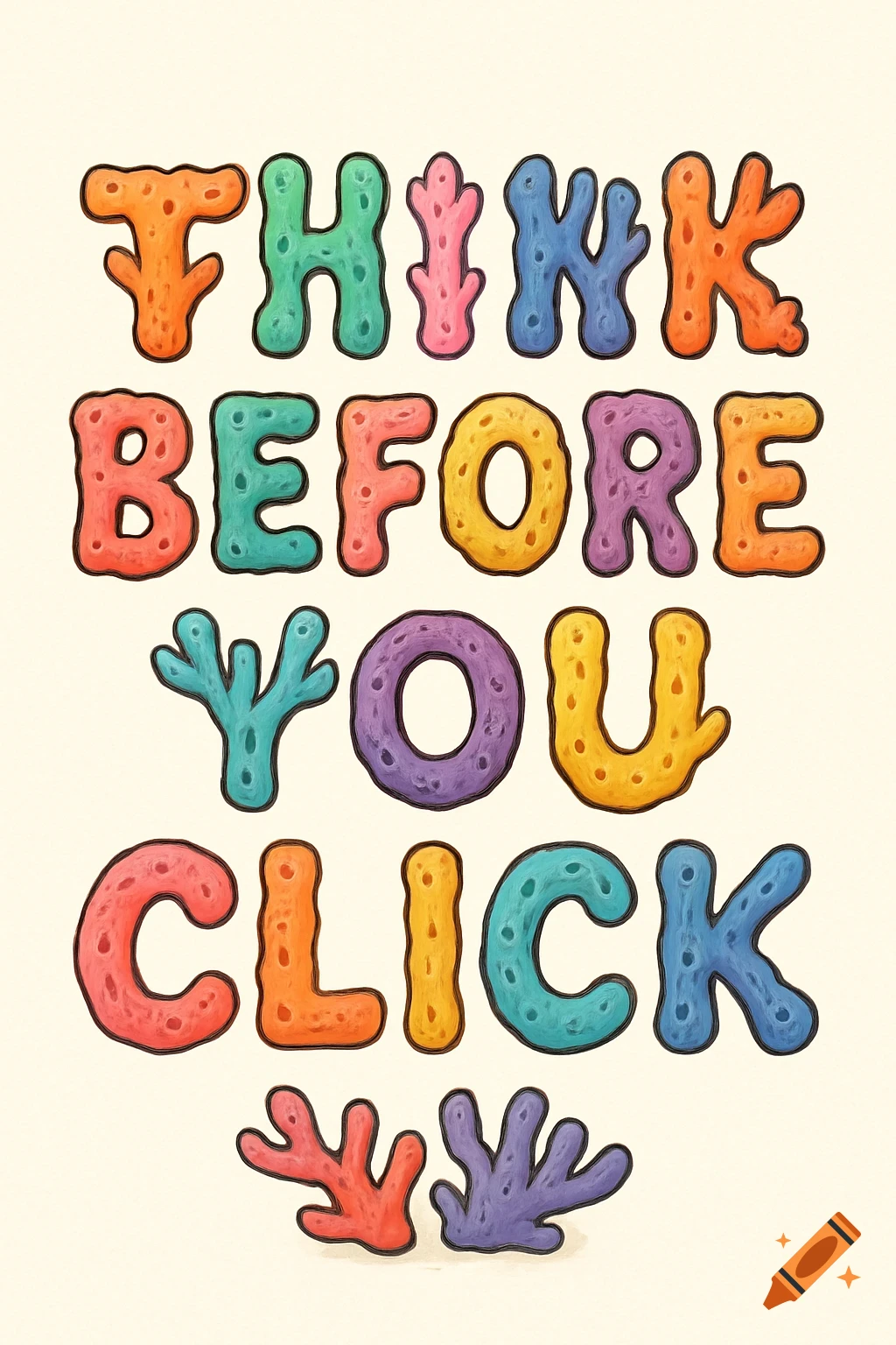 Colorful cartoon letters shaped like coral spell out the phrase 'Think Before You Click' on a light background.