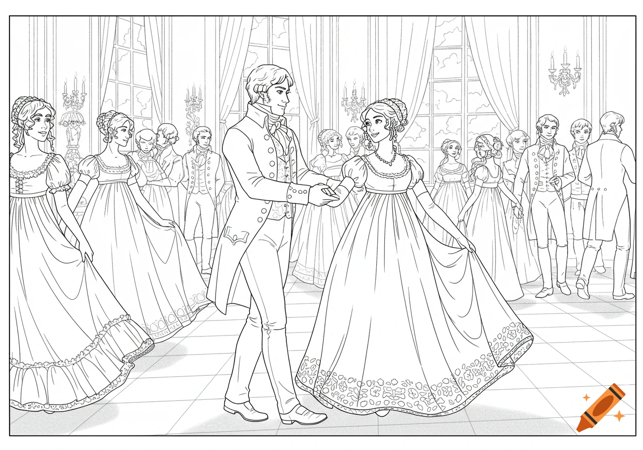 Black and white line art of Mr. Darcy and Elizabeth Bennet dancing at a ballroom, suitable for a coloring book.