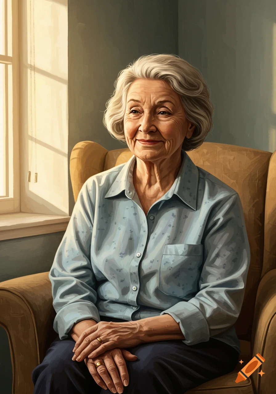 A smiling elderly woman with short gray hair sits in a brown armchair, hands clasped, by a sunlit window.