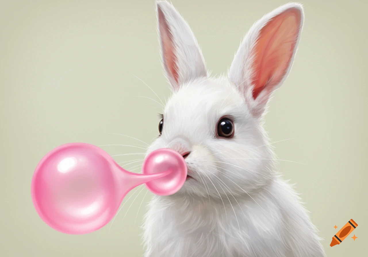 A photorealistic white rabbit blows a large pink bubblegum bubble.