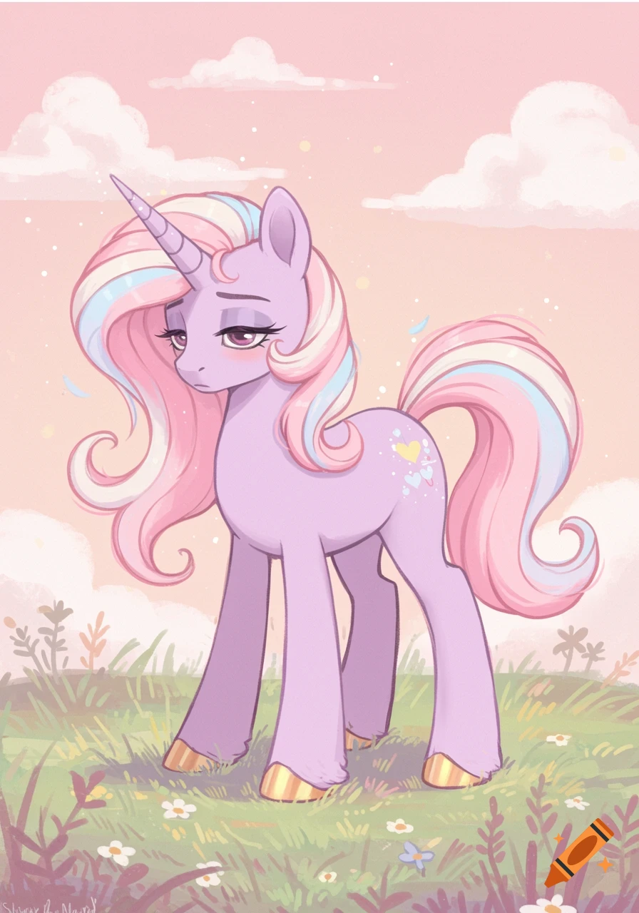 A sleepy purple unicorn with a long, flowing pastel pink, blue, and white mane and tail stands in a grassy field under a pink sky.