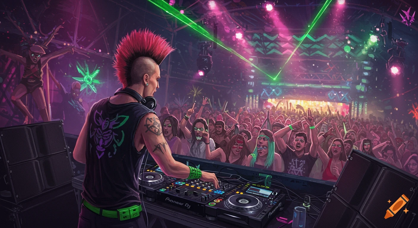 A DJ with a red mohawk plays on decks in a vibrant nightclub, surrounded by a cheering crowd and illuminated by green laser lights.