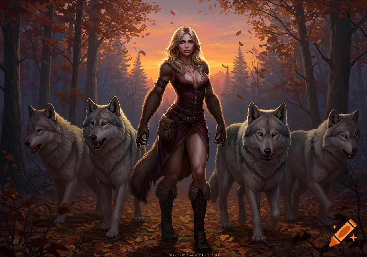 A blonde female werewolf in a red dress walks with a pack of wolves through an autumn forest at twilight.