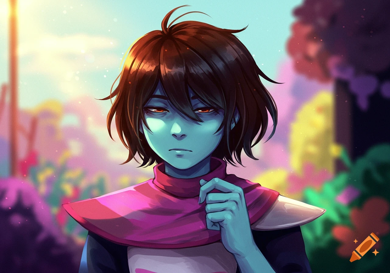An anime-style portrait of Kris from Deltarune, a blue-skinned character with dark hair and red eyes, wearing a pink and white top against a colorful blurred background.