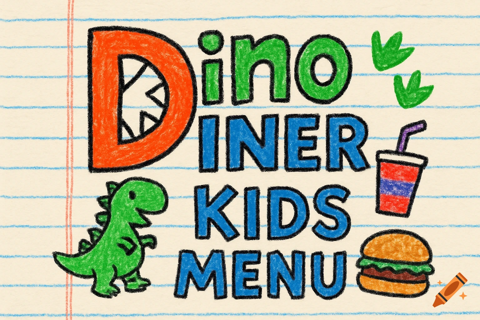 Colorful cartoon kids' menu titled "Dino Diner Kids Menu" drawn on notebook paper, featuring a dinosaur, burger, soda, and footprints in a crayon style.