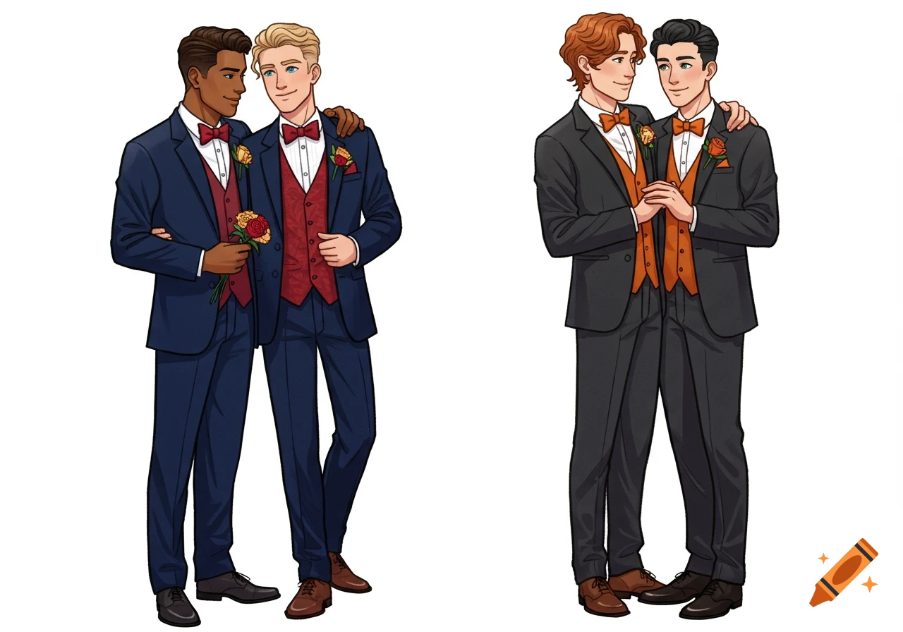 Two cartoon male couples in tuxedos, embracing affectionately.