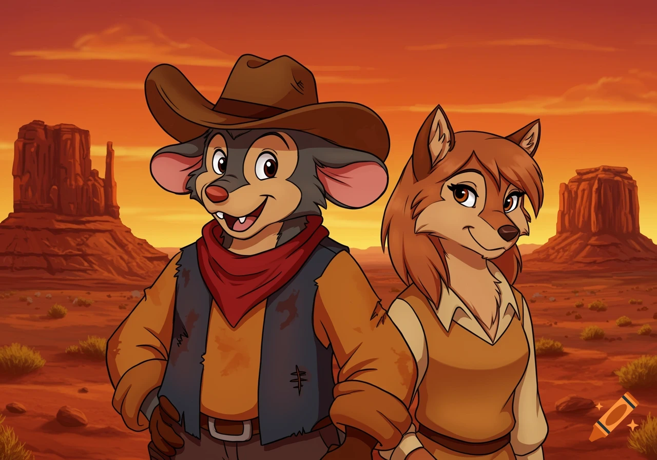 Cartoon anthropomorphic mouse and wolf in western attire in a desert with mesas at sunset.