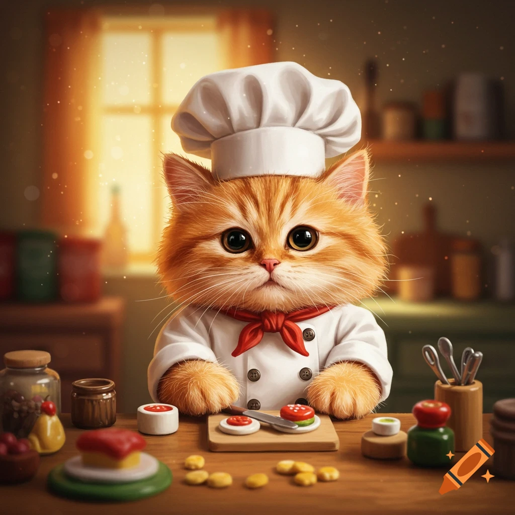 A cute, fluffy orange cat wearing a white chef's hat and coat, preparing food on a cutting board in a warm kitchen.
