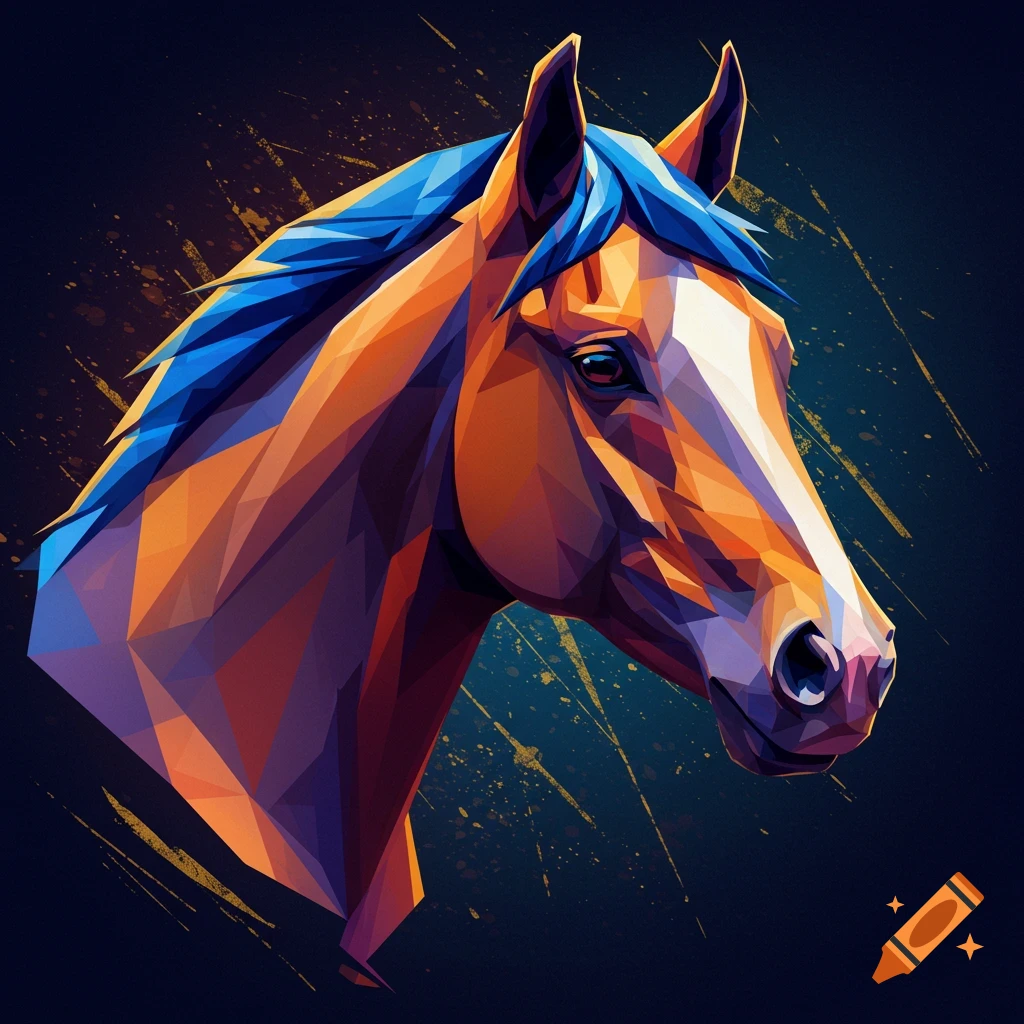 Geometric art head of a horse with blue mane and orange body against a dark background with gold splatters.