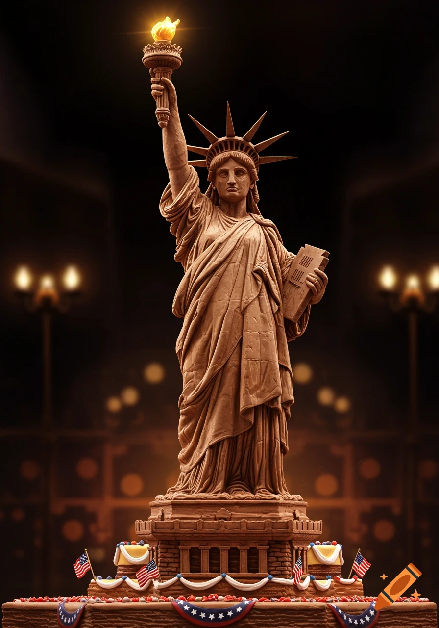 Photorealistic image of a Statue of Liberty made of chocolate cake, standing on a decorated base with American flags.