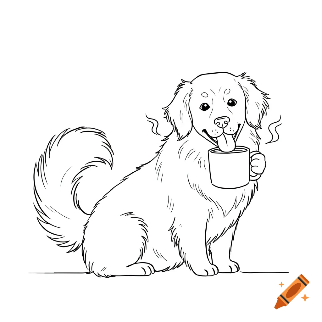 Line art illustration of a happy dog sitting and drinking from a steaming mug.