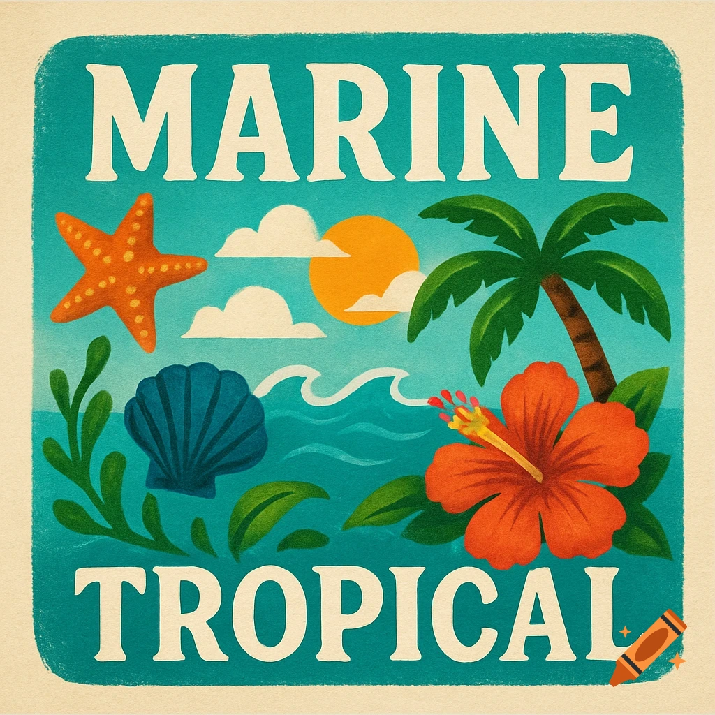 Vintage graphic poster with marine and tropical elements: starfish, seashell, palm tree, hibiscus. Features "MARINE" and "TROPICAL" text.