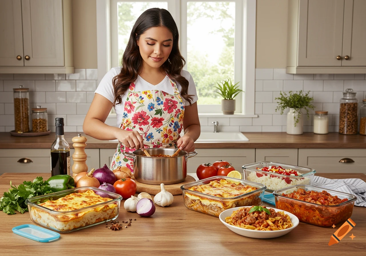 A photorealistic image of a Latina woman in a kitchen, cooking and surrounded by various meal prep dishes.