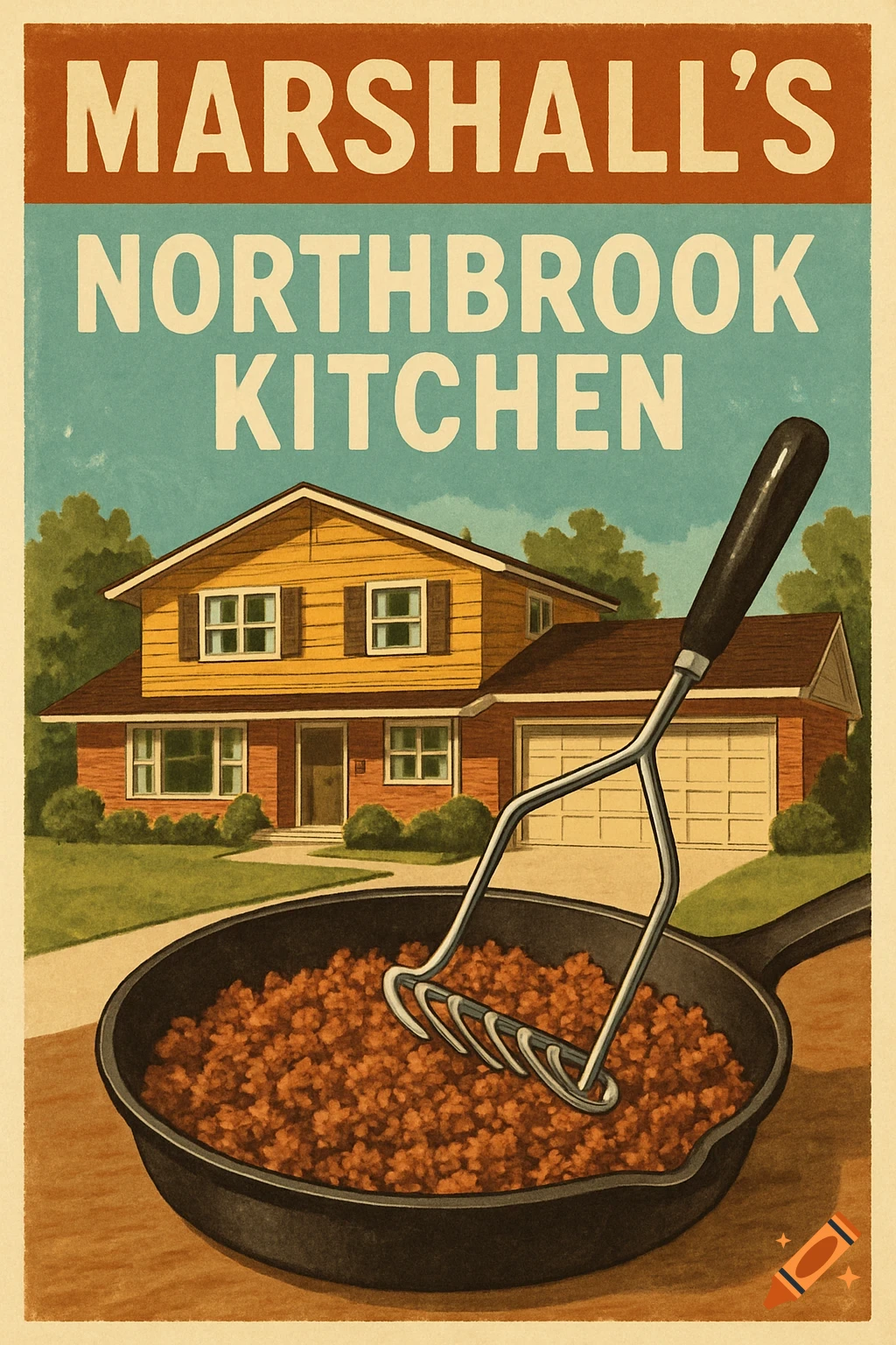 Vintage advertisement poster for Marshall's Northbrook Kitchen featuring a suburban house and a cast iron skillet with ground beef and a potato masher.