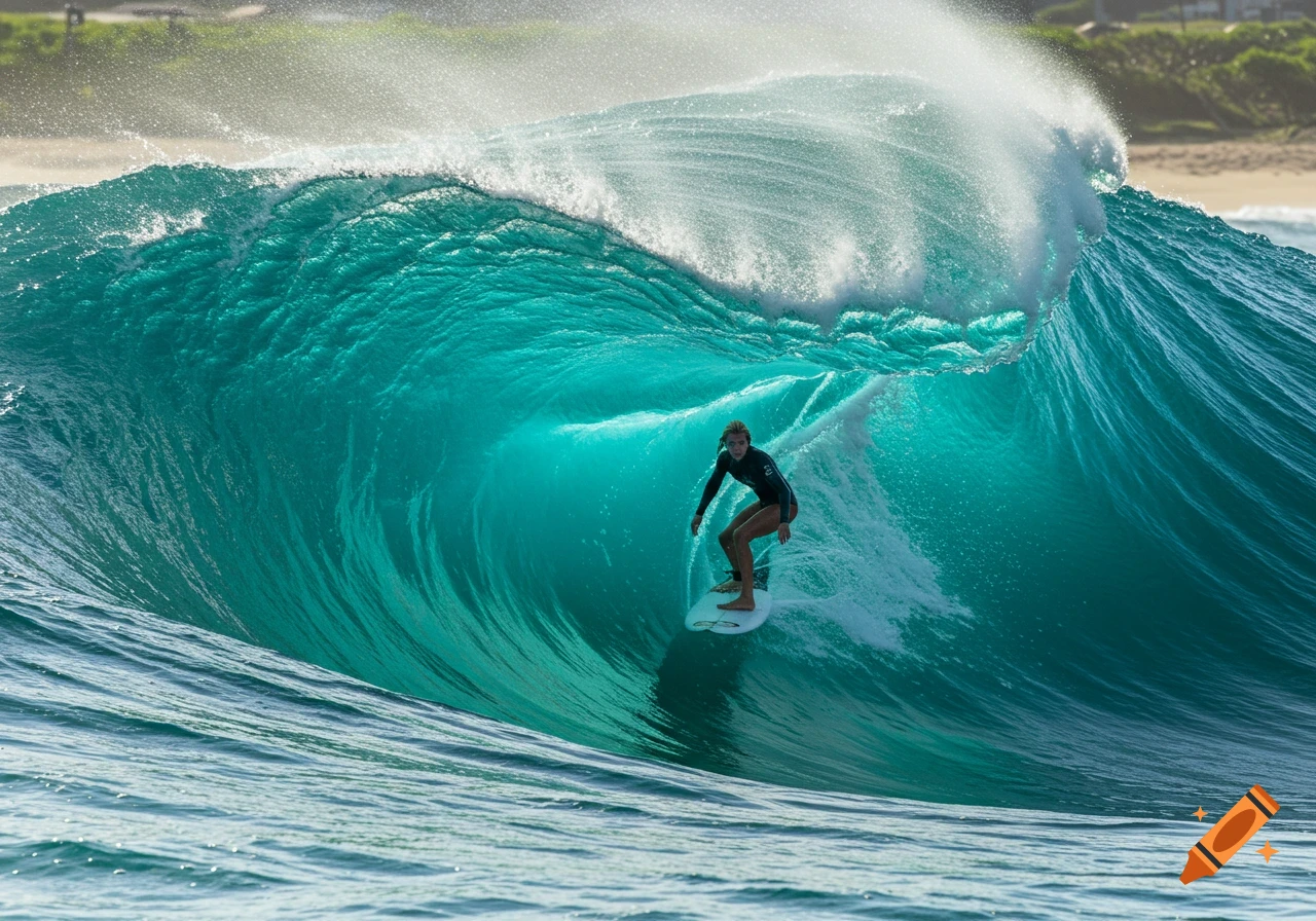 A surfer on a board rides a large, beautiful turquoise wave that is barreling. The sun shines on the spray above.