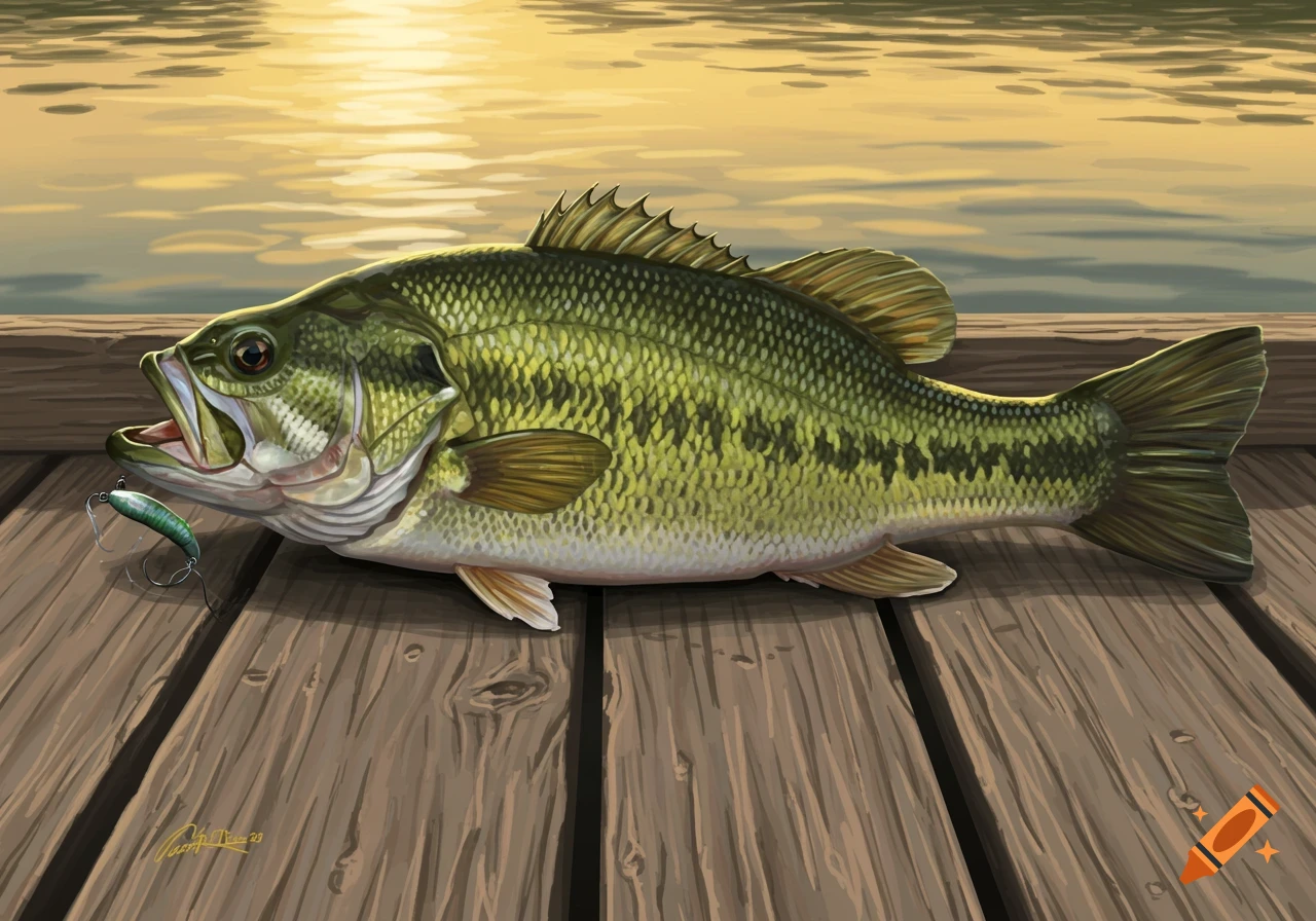 A detailed illustration of a large bass with a lure in its mouth, lying on a wooden dock at sunset.