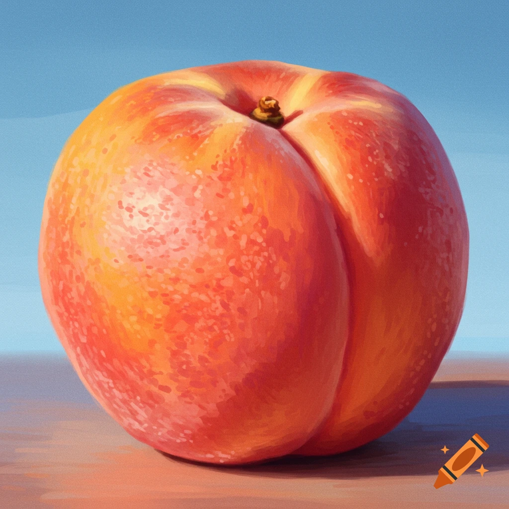 A close-up, high-detail illustration of a ripe peach with textured skin against a blue and brown background.