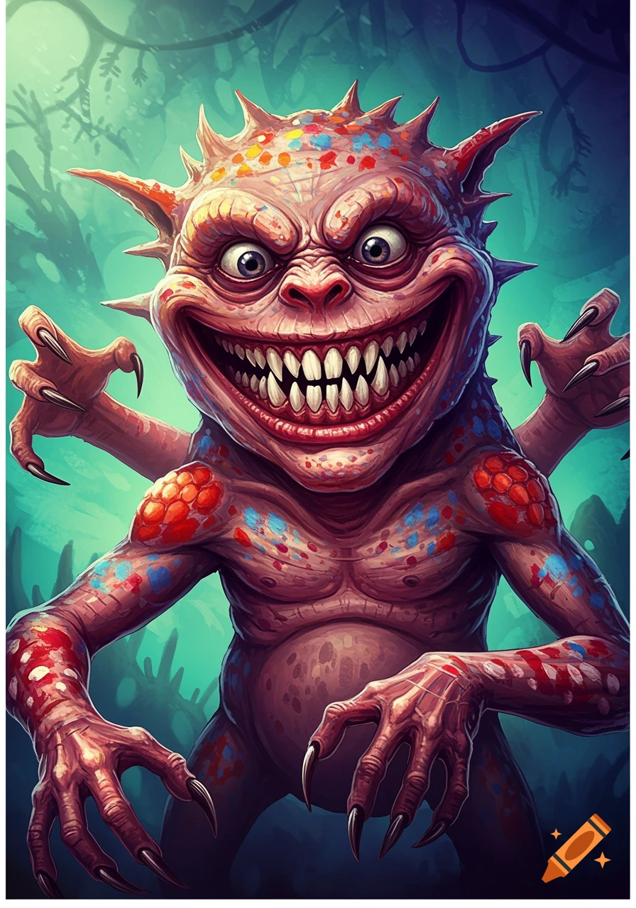 A cartoonish, pinkish monster with wide eyes and a huge toothy grin, sharp claws, and colorful spots, in a jungle.