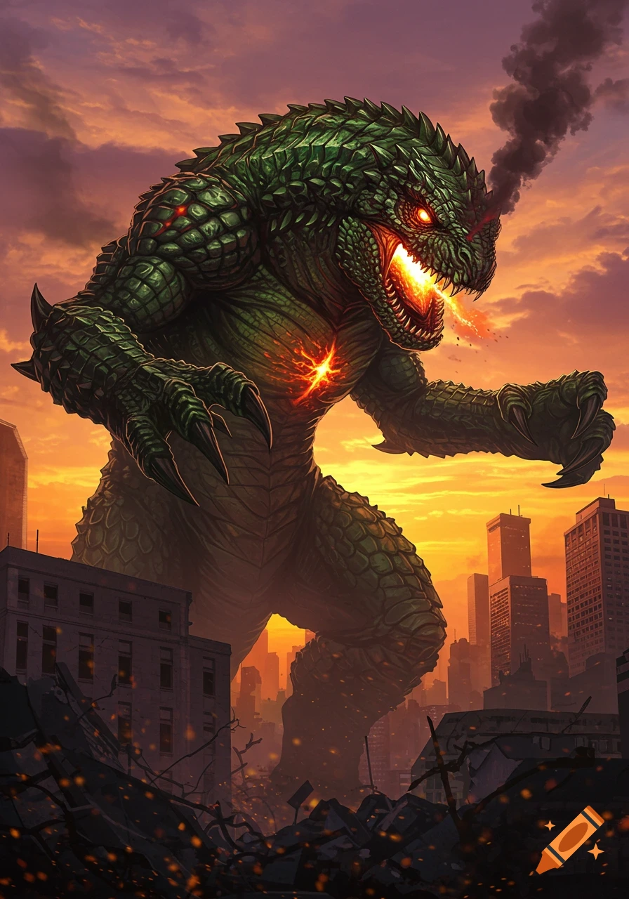 A giant green scaly monster with glowing eyes breathes fire, standing over a ruined city at sunset.