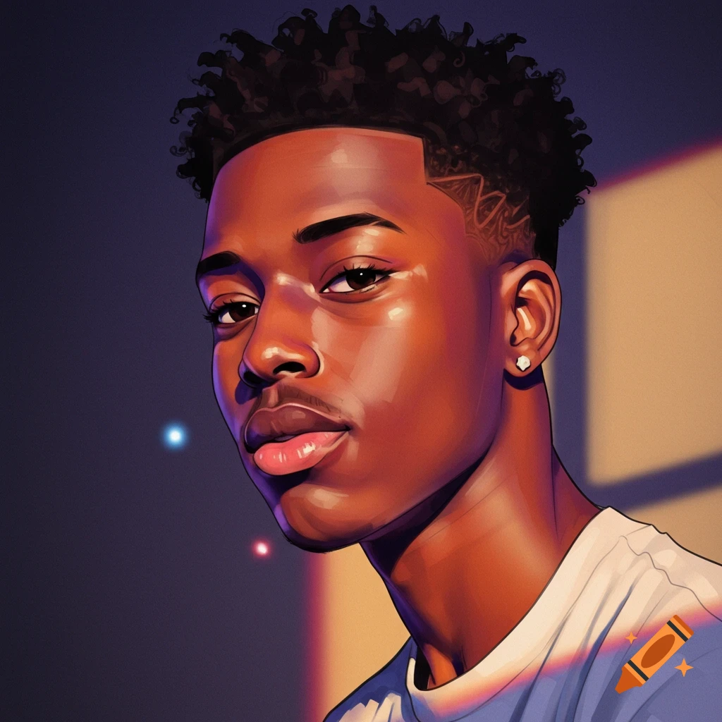 Stylized digital art portrait of a young Black man with curly hair and a fade haircut, looking directly at the viewer.