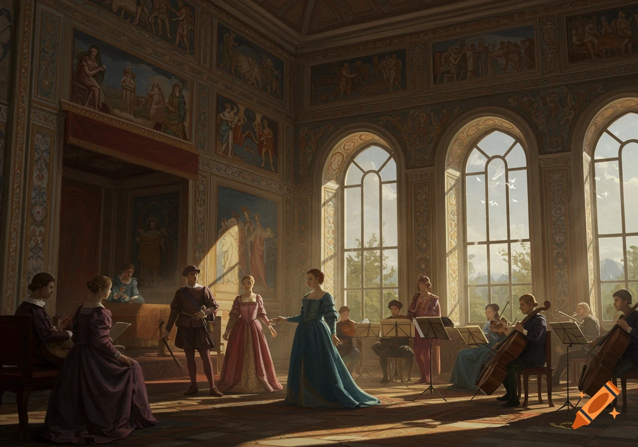 A detailed Renaissance painting of people in elaborate clothing gathered in a grand, sunlit hall, some playing instruments.