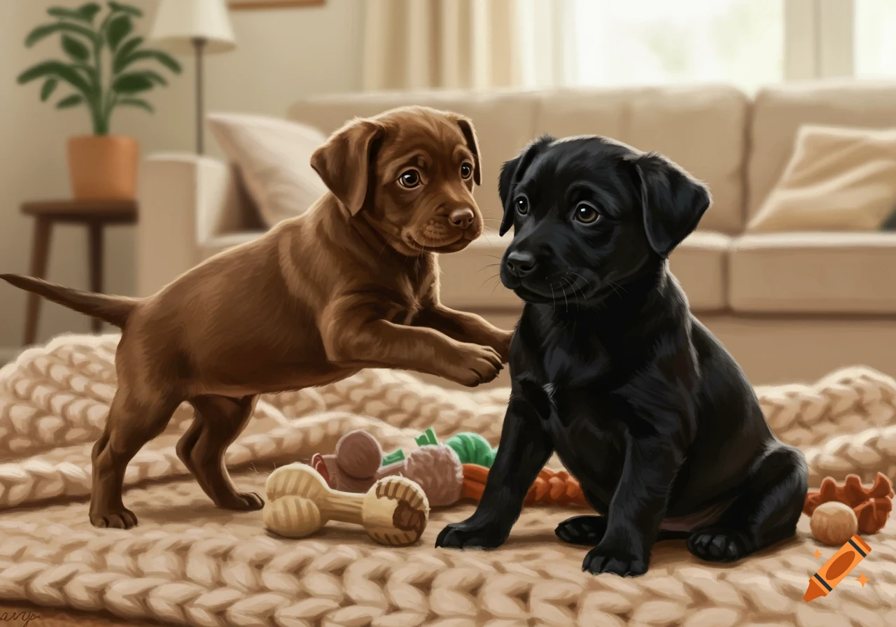 Two playful chocolate brown and black Labrador puppies on a knitted blanket in a warm living room, with toys scattered around.