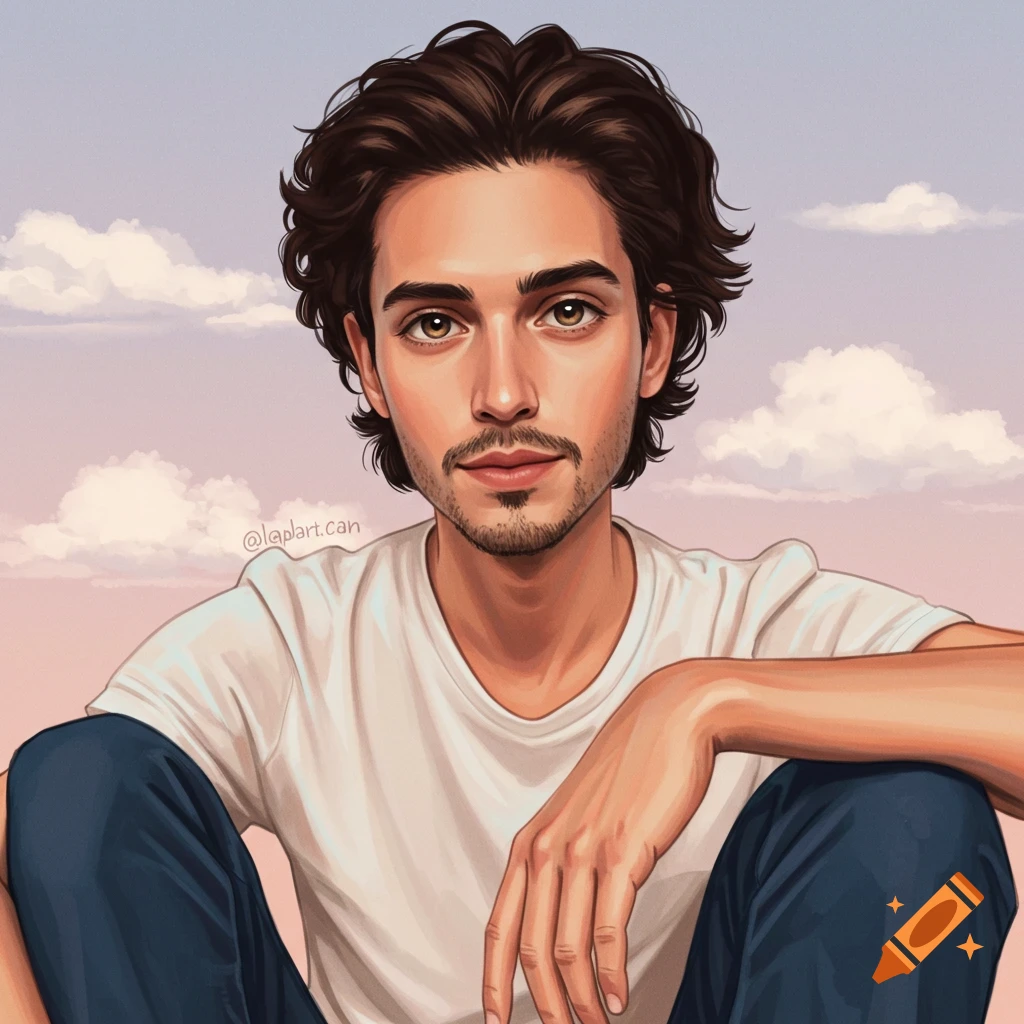 A stylized illustration of a young man with dark curly hair and a goatee, wearing a white t-shirt, sitting against a cloudy sky.