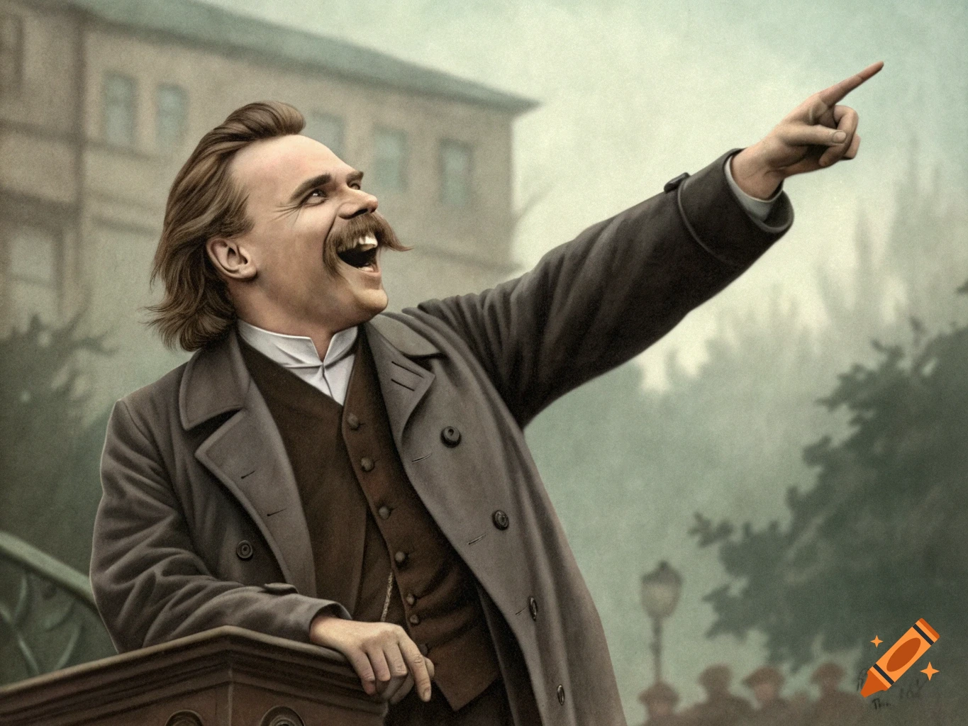 A painting of a smiling man with a mustache, resembling Nietzsche, laughing and pointing emphatically towards the upper right.