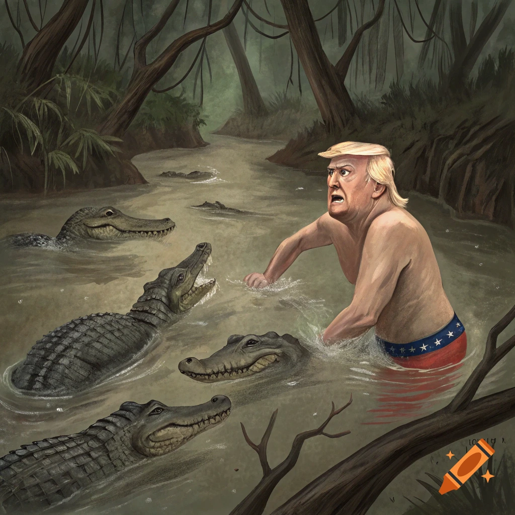 A shirtless Donald Trump, looking fearful, stands waist-deep in a murky swamp surrounded by several menacing alligators.