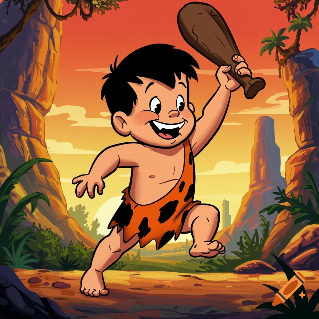 A happy cartoon cave-boy in an animal print loincloth runs through a prehistoric landscape, holding a large club over his head. The background features rocky formations and an orange sunset.