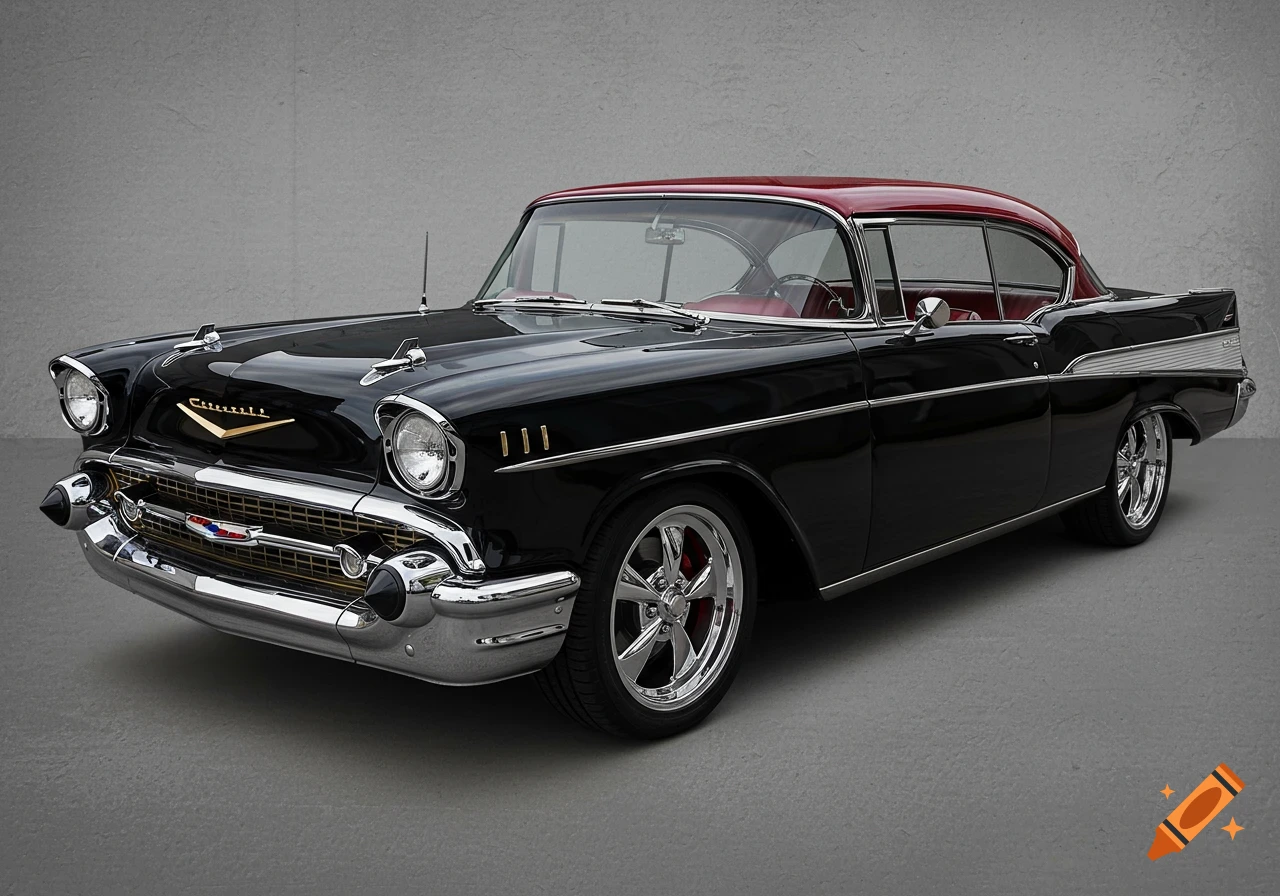 Photorealistic front side profile of a black 1957 Chevrolet Bel Air with a metallic dark burgundy top and chrome wheels.
