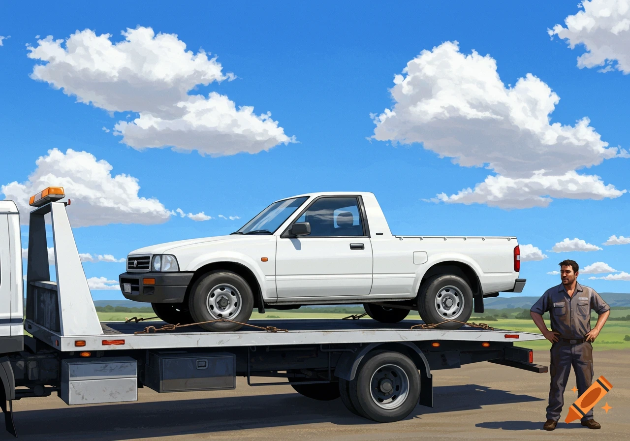 A white pickup truck on a tow truck, with a man standing beside it under a blue sky with clouds. Painted style.