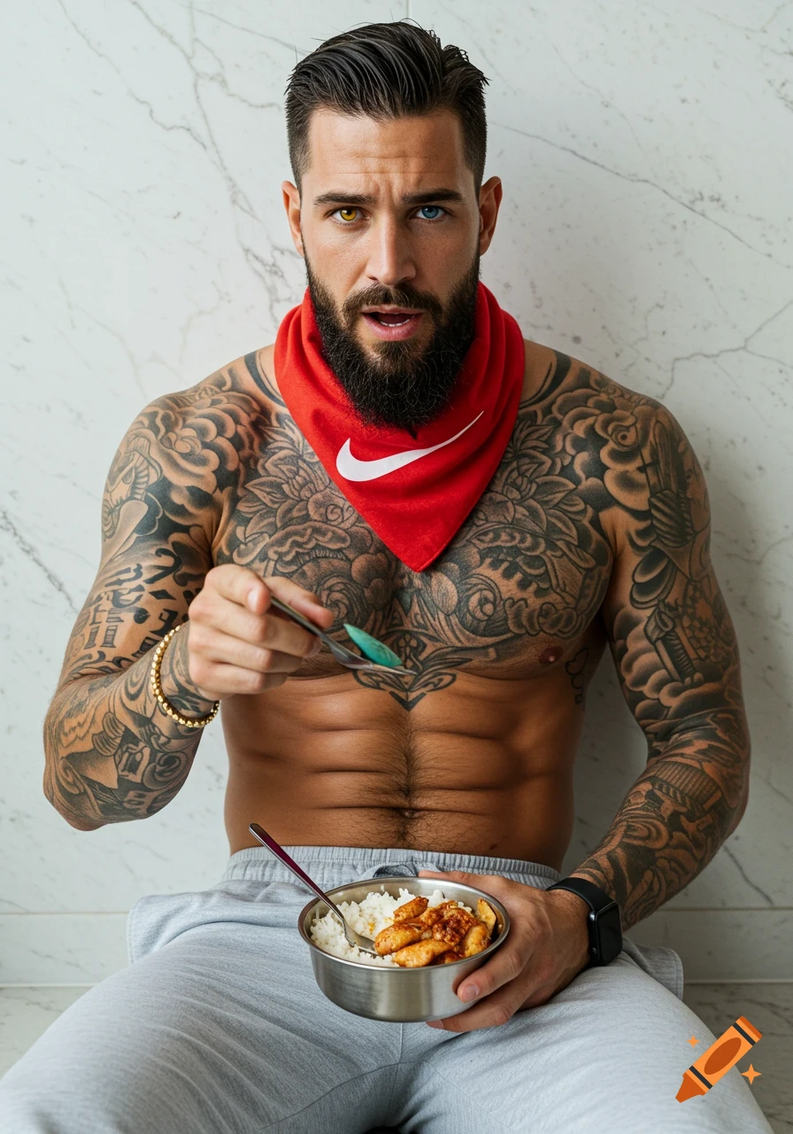 A tattooed, shirtless man with mismatched eyes and a red bandana sits against a marble wall, holding a bowl of food.
