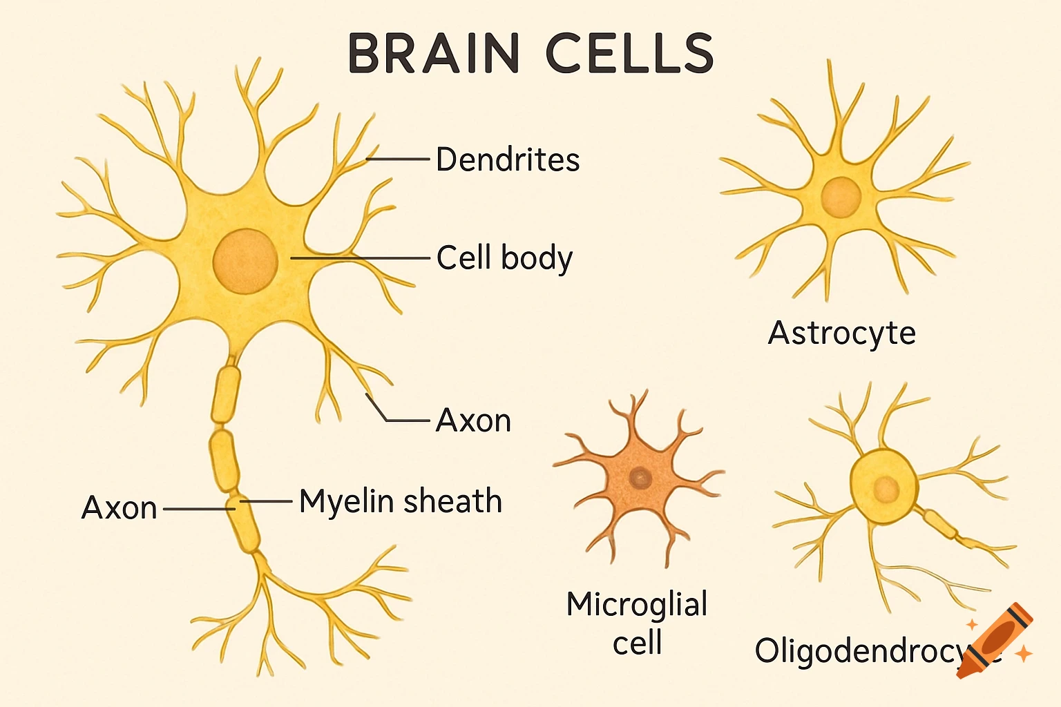 Illustration of different brain cell types, including a neuron with labeled parts like dendrites, cell body, axon, and myelin sheath, alongside an astrocyte, microglial cell, and oligodendrocyte.