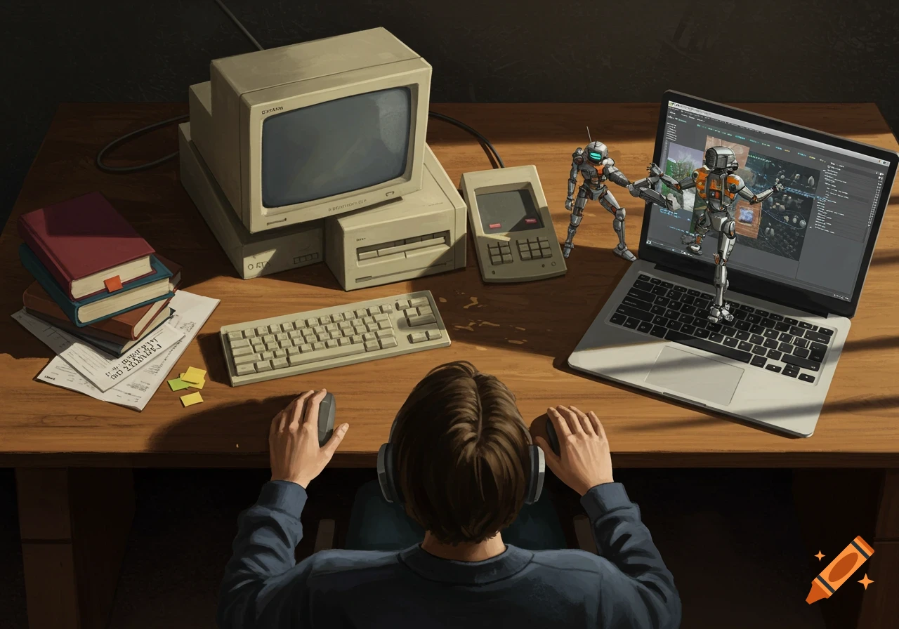 A person from behind sitting at a desk with an old computer on the left and a modern laptop on the right, from which a robot is climbing out.