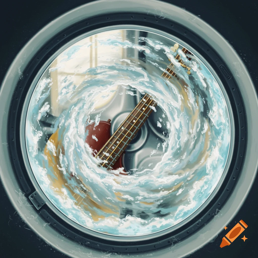 An artistic depiction of a bass guitar being washed in swirling water inside a washing machine.